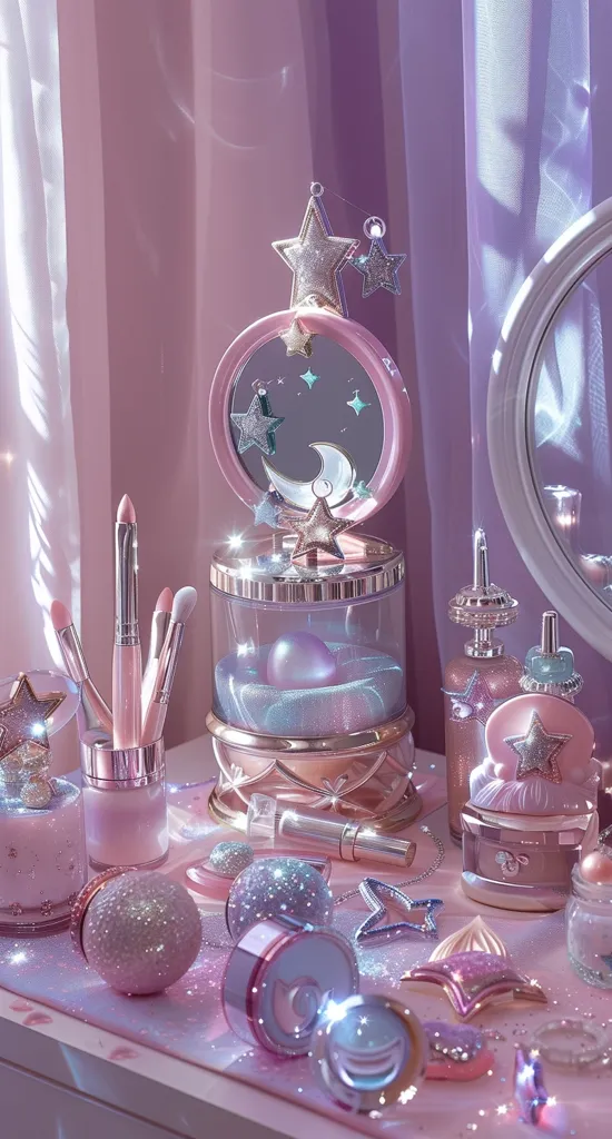 A sparkly, pink and purple vanity table with a star-shaped mirror, makeup brushes, and glittery jars and containers. The table is decorated with stars, moons, and other celestial figures. The background is soft pink with a sheer white curtain.  The entire scene is dreamy and magical.