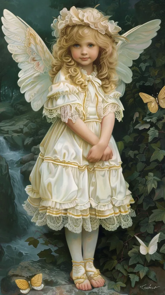 A young girl with long blonde hair, wearing a white dress and a floral crown, stands in a forest with large wings behind her. She looks down with a sweet expression. Butterflies flutter around her, adding a whimsical touch. The scene is filled with lush greenery and a gentle stream, creating a magical atmosphere.