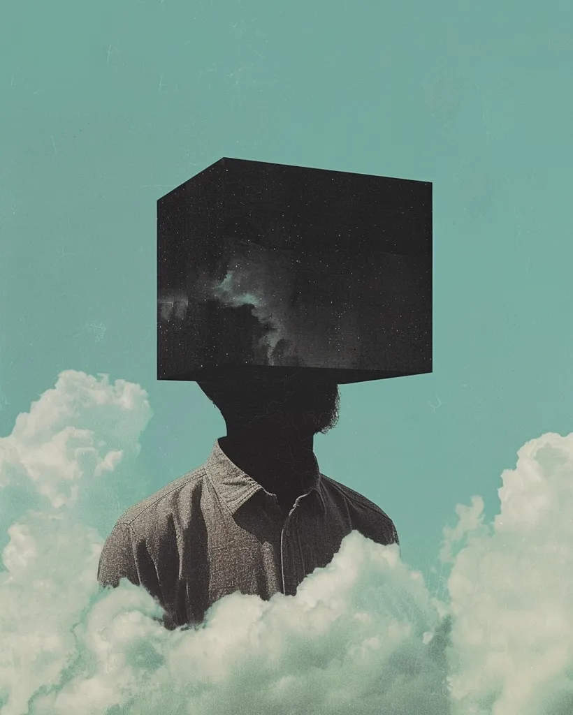 A surreal image of a person with a black box as a head. The box appears to be filled with a night sky with stars and a cloud. The person is partially obscured by clouds, suggesting a sense of mystery and the unknown. The soft, muted colors and dreamy atmosphere create an ethereal and contemplative mood.