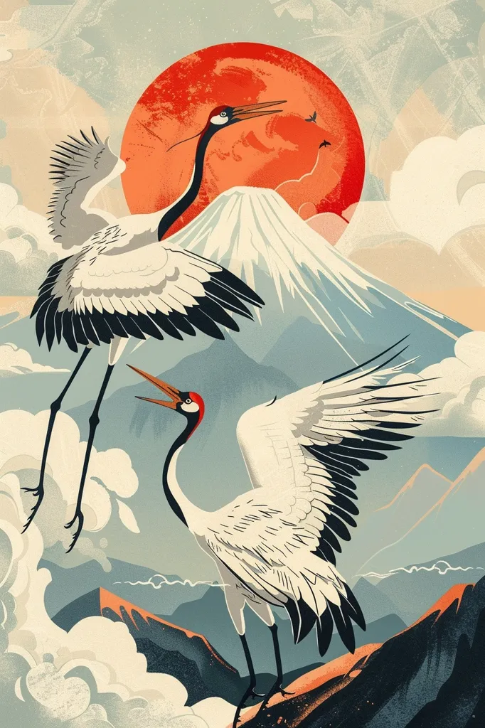 The image is a stylized illustration of two white cranes in a landscape inspired by Japanese art. One crane is in flight, its wings spread wide, while the other stands on a rocky outcrop. They are silhouetted against a large red sun and a snow-capped mountain, possibly Mount Fuji. The image is filled with soft textures and muted colours, creating a sense of serenity and traditional aesthetics.