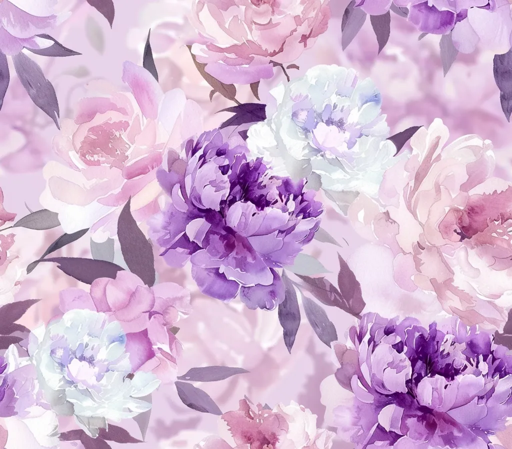 A watercolor painting depicts a delicate floral pattern.  Pink, purple, and white peonies are layered upon one another, creating a soft, romantic effect. The background is a hazy, pastel purple.  The image is both beautiful and serene.