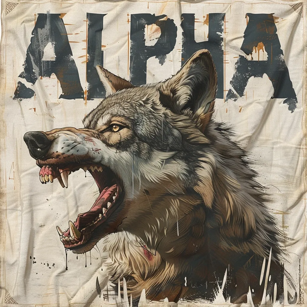 A snarling wolf with sharp teeth and a determined look, is depicted on a textured canvas with the word "ALPHA" printed in bold, black letters behind it.  The wolf's fur is rendered in shades of brown and grey, adding to the fierce and powerful image.  The background is a faded beige color, resembling worn, textured cloth.  The wolf's mouth is open, revealing sharp teeth, and a sense of power and dominance.  It is a graphic illustration of the alpha predator.