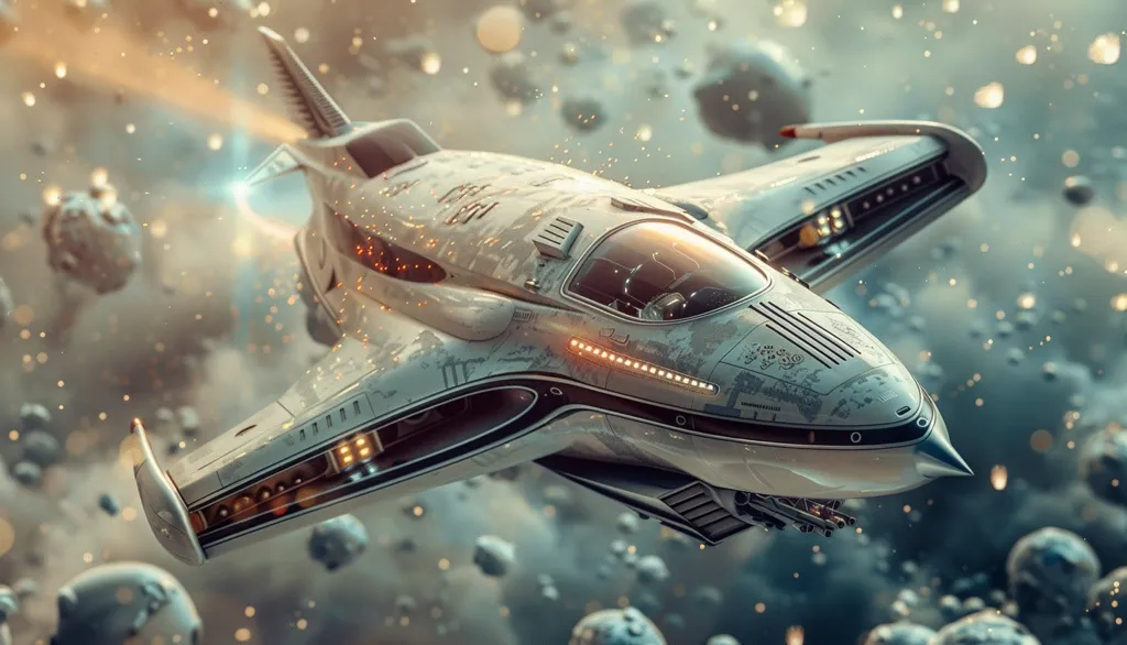 The image depicts a sleek, futuristic spacecraft flying through a dense asteroid field. The ship is white with black accents and features a large cockpit with a clear canopy.  The asteroid field is illuminated by a faint, golden light, and the ship appears to be moving at high speed. The image evokes a sense of adventure and wonder, as if the ship is on a mission to explore the unknown reaches of space.