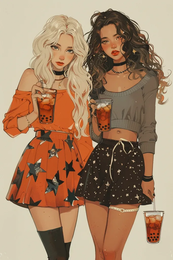 Two anime girls, one with blonde hair and the other with dark brown hair, are standing side by side. They are both wearing casual outfits and holding glasses of iced tea. The blonde girl is wearing an orange off-the-shoulder top with a black star-patterned skirt, while the brunette girl is wearing a grey sweater with a black star-patterned skirt. They both look happy and relaxed.