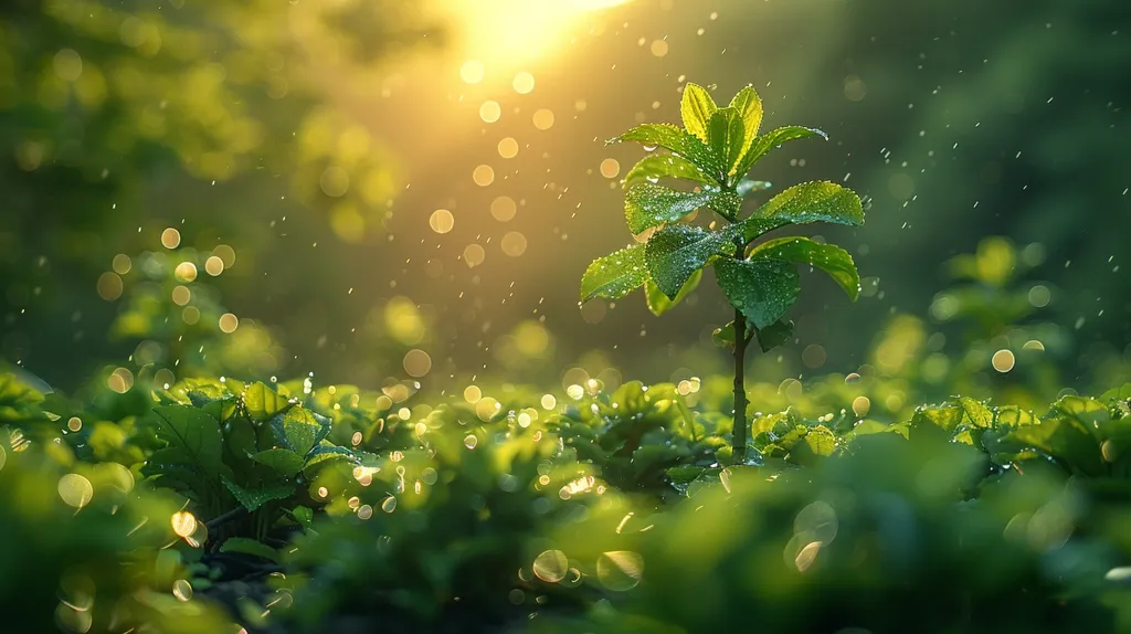 A single plant with vibrant green leaves stands tall in a field of lush foliage. Sunlight filters through the branches, creating a dappled effect on the ground. Rain drops gently fall, coating the leaves with a glistening sheen. The overall scene is tranquil and serene, capturing the beauty of nature's renewal.