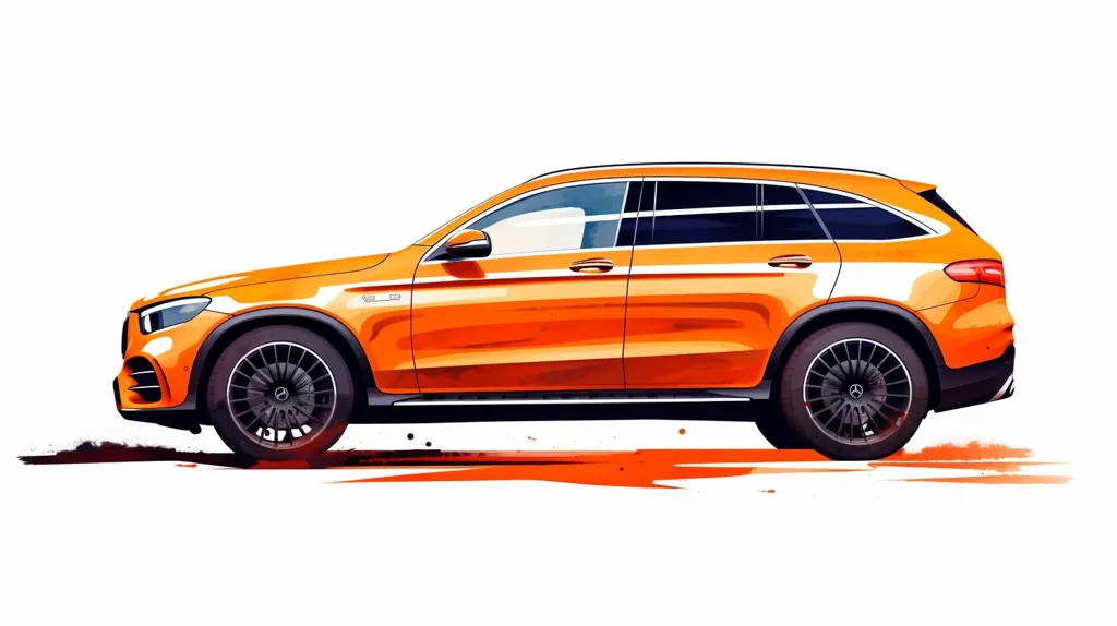 The image shows a side view of a bright orange Mercedes-Benz SUV. The car is driving on a white background with a splash of red and orange paint under its wheels. The car's shiny paint and sleek lines suggest a high-end and sporty feel.  The white stripe along the side of the car adds a subtle contrast to the bold orange.