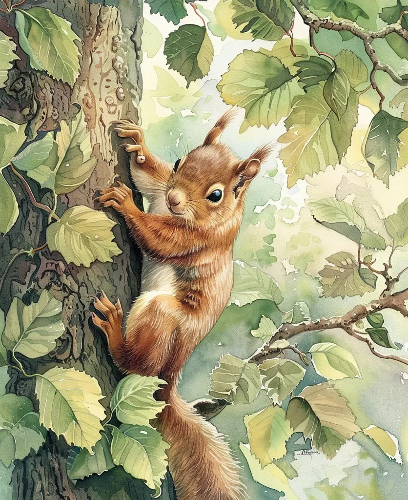 A watercolor painting depicts a red squirrel climbing a tree trunk with leaves. The squirrel's bushy tail trails behind it, and its body is facing the viewer. The tree bark is textured, with a detailed background of leaves in various shades of green. The squirrel's fur is a blend of brown and orange. The artist's signature is visible in the bottom right corner.