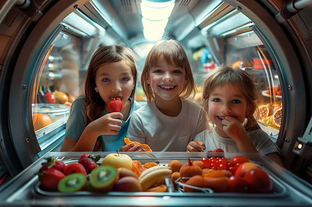 Three young girls, with bright smiles, are peeking out of a futuristic, stainless steel pod. They are surrounded by colorful, fresh fruit. One girl enjoys a strawberry, another a slice of orange, and the third a cherry. The scene is playful and inviting, suggesting a world of culinary adventure.