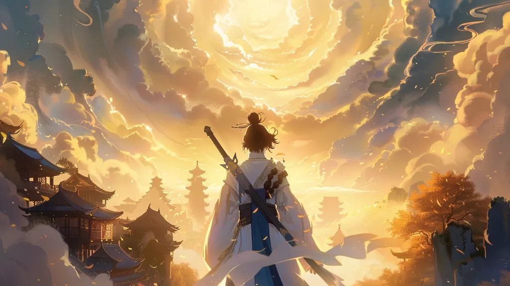 A lone figure stands with their back to the viewer, clad in white robes and wielding a sword, gazing up at a swirling, golden sky. The character is surrounded by traditional Japanese architecture, with pagodas and trees in the background. The scene exudes a sense of mystery and serenity, perhaps hinting at a journey of self-discovery.
