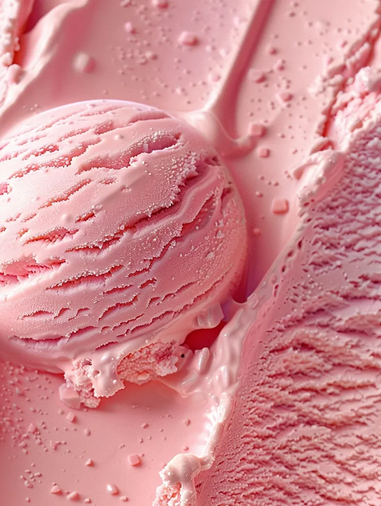 A close-up shot of pink ice cream. The smooth, creamy texture is evident in the swirls and the light reflecting off the surface. There are small, pink specks throughout the ice cream, resembling sprinkles or a fruit puree. The image is a close-up, focusing on the detail and texture of the ice cream.