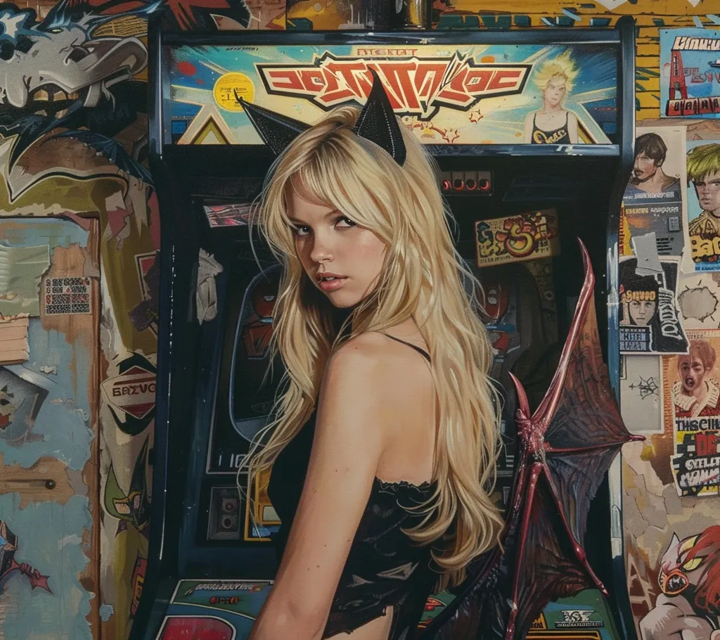 A woman with long blonde hair and black cat ears stands in front of a vintage arcade game. She is wearing a black top and has a pair of red demon wings behind her. The arcade cabinet is covered in stickers and graffiti, and the background is filled with various posters and signs. The woman's expression is mysterious and alluring. The overall mood of the image is dark and edgy, suggesting a blend of fantasy and reality.