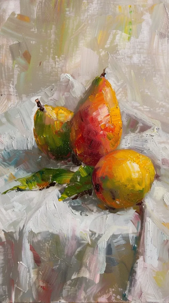 The painting depicts three mangoes, two of which are red and one is yellow. They are lying on a white cloth with a green leaf. The background is a muted gray, which makes the fruit pop. The painting is done in a loose and impressionistic style, with thick brushstrokes giving the fruit a three-dimensional quality.  The light hitting the fruit gives them a vibrant glow.  The painting has a soft and gentle quality, which makes the fruit appear appealing.