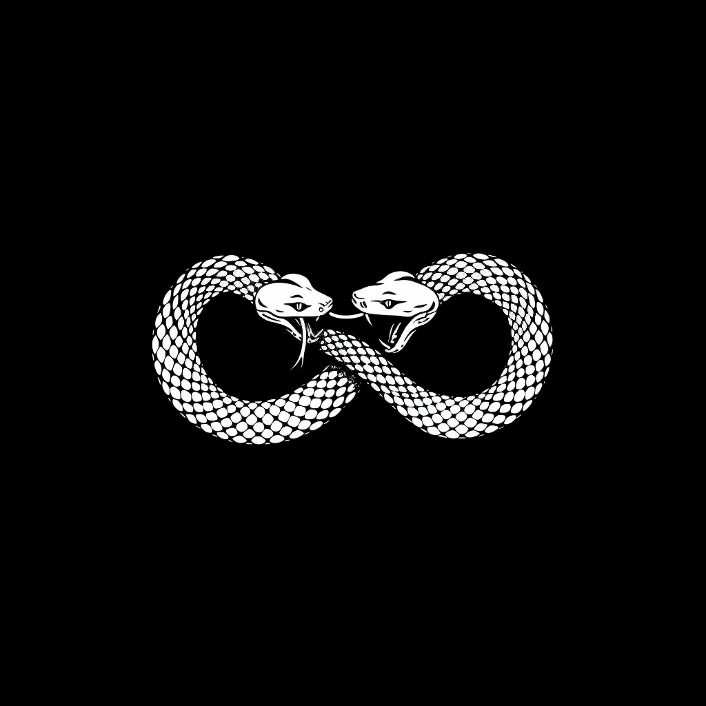 Two snakes are intertwined in an infinity symbol, forming a continuous loop. Their heads are facing each other, with open mouths and sharp fangs. The design is stylized and rendered in white on a black background. The image has a dark and symbolic aesthetic, potentially representing the endless cycle of life and death or the intertwined nature of opposites.