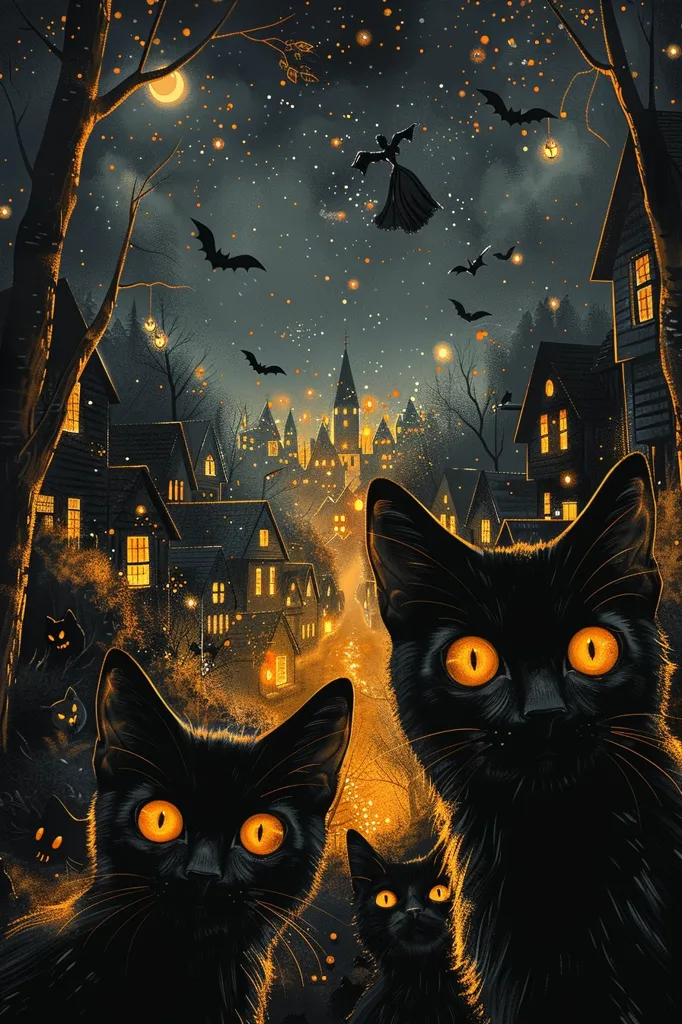 The image depicts a spooky Halloween scene with three black cats in the foreground. Behind them is a quaint town lit up with warm orange lights. The night sky is filled with twinkling stars, bats flying overhead, and a witch soaring through the air. The overall atmosphere is magical and mysterious, hinting at a spooky and fun Halloween night.