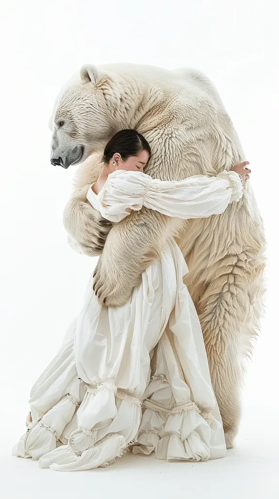 A woman in a white, flowing dress embraces a large polar bear, who gently holds her close. Their fur and fabric blend together, creating a peaceful and ethereal image. The bear's face is obscured, emphasizing the focus on their embrace and creating a sense of warmth and companionship. The white background isolates the scene, highlighting the softness and purity of their bond.