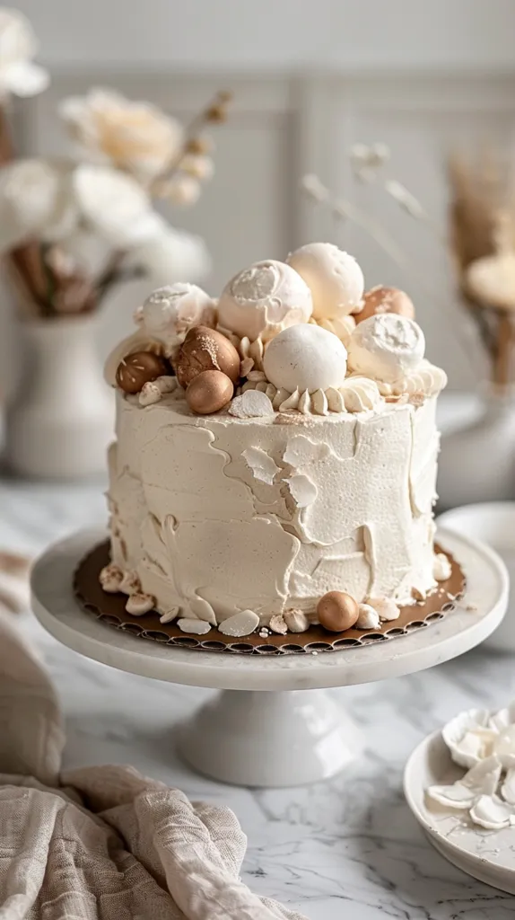 A white cake with a rustic buttercream frosting is adorned with delicate white meringue kisses and shiny gold chocolate balls. It sits on a marble cake stand with a white base. The cake is surrounded by soft, neutral colors, creating a simple and elegant setting.  A partially eaten plate of meringue kisses can be seen in the background.