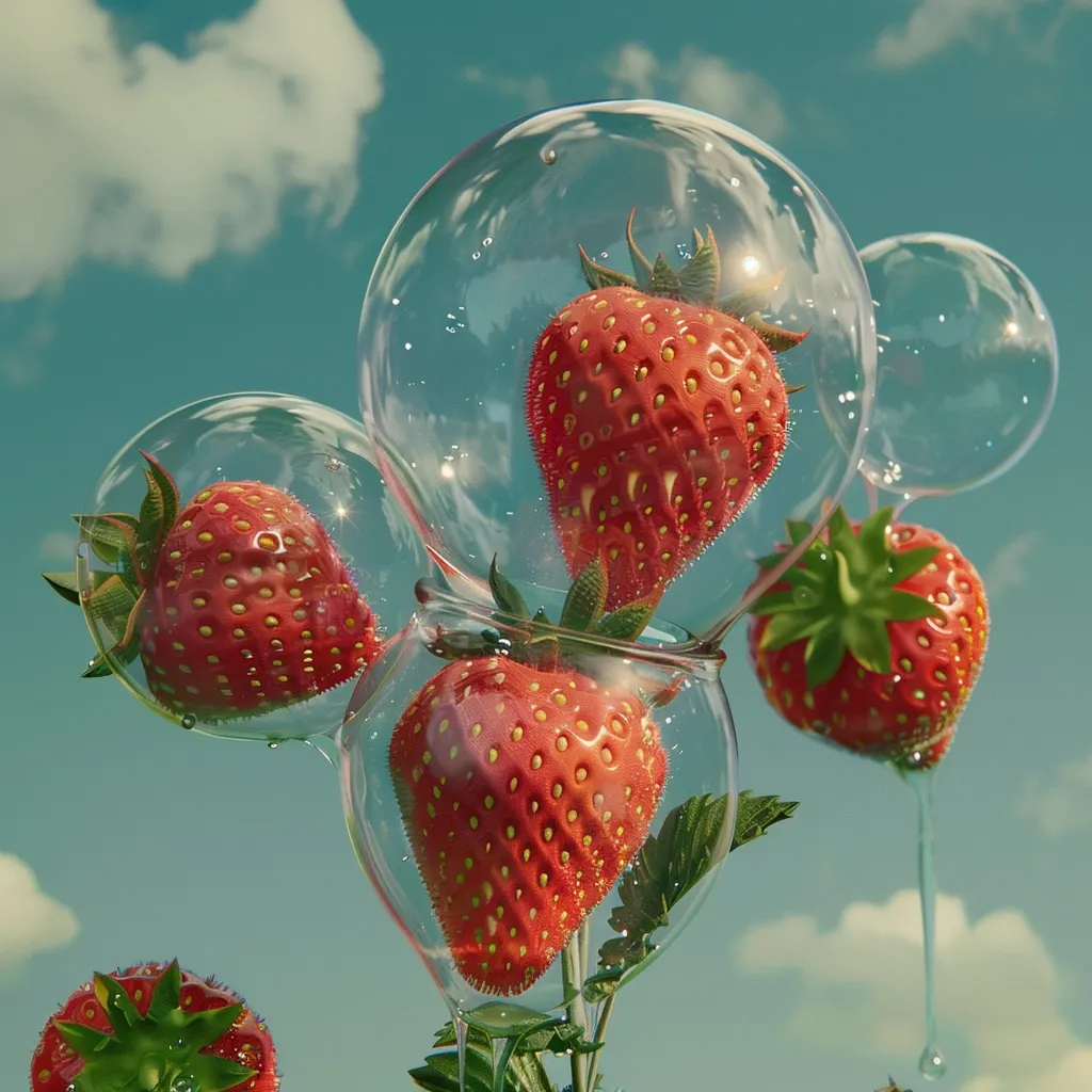Four juicy strawberries are encased in transparent bubbles, resembling a whimsical bouquet. The bright red fruit contrasts with the clear bubbles, creating a visually captivating image. The background features a light blue sky with white clouds, adding to the dreamy atmosphere. The composition is playful and suggestive of a surreal world.