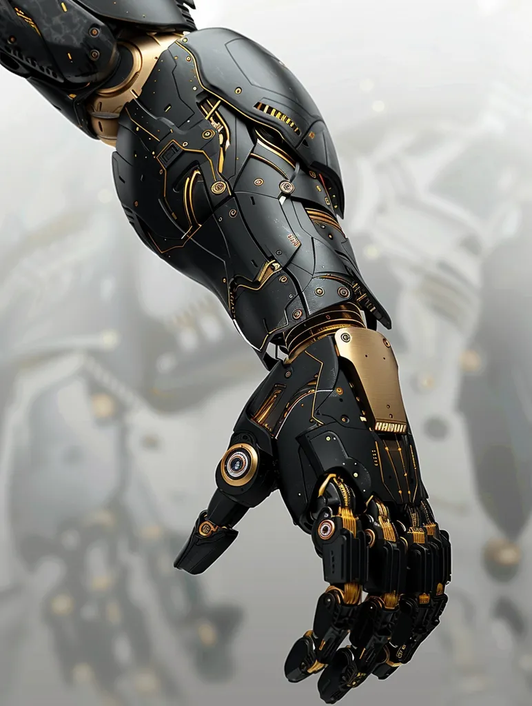 The image shows a close-up of a robotic arm, designed in a futuristic style. The arm is primarily black with gold accents, and its intricate details are visible in the joints and panels. The fingers are articulated and appear to be posed in a grasping motion, adding to the mechanical and imposing nature of the design. The blurry background hints at a larger robotic structure or environment.  The overall aesthetic is sleek and technologically advanced.