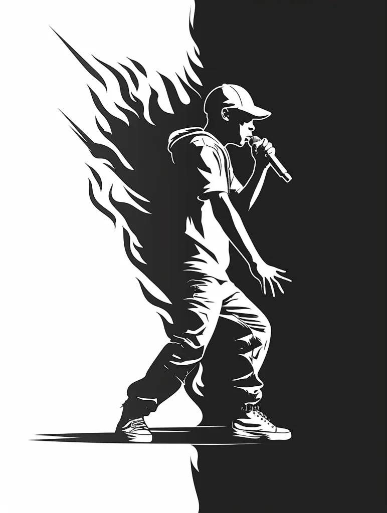 The image is a black and white silhouette of a rapper with a microphone in his hand, standing in front of a background that resembles flames. He is wearing a baseball cap, a hoodie, and pants. The image is stylized and dynamic, capturing the energy of a live performance.