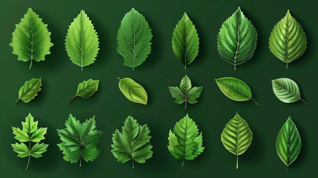 The image shows eighteen different leaves arranged in three rows of six on a dark green background.  Each leaf is uniquely shaped and textured, some are pointed, some rounded, some lobed, some smooth and some veined. The leaves are all green and appear to have been drawn in a realistic style.  The image evokes a sense of nature and tranquility.