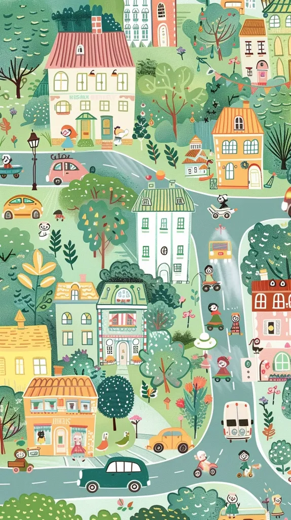 This is a colorful illustration of a whimsical town. It features houses with unique designs, trees, and people on the streets. Cars, buses, and other vehicles navigate the winding roads. There are small details like birds and flowers scattered throughout the scene, creating a playful and charming atmosphere.