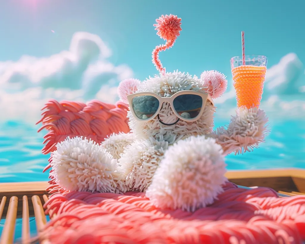 A fluffy white creature with a pink pom-pom on its head is lounging on a pink beach chair by a blue pool. It's wearing sunglasses and holding a glass of orange juice. The creature looks relaxed and happy, enjoying its summer vacation. The scene is bright and sunny with blue skies and white clouds.