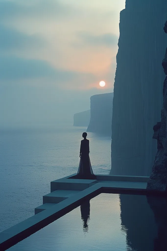 A lone figure in a long dress stands on a platform overlooking a vast, blue ocean.  The setting sun is a hazy orb in the distance, illuminating the cliffs that rise behind the woman.  The platform extends into a reflecting pool, mirroring the woman and the sky above.  The scene evokes a sense of tranquility and solitude.