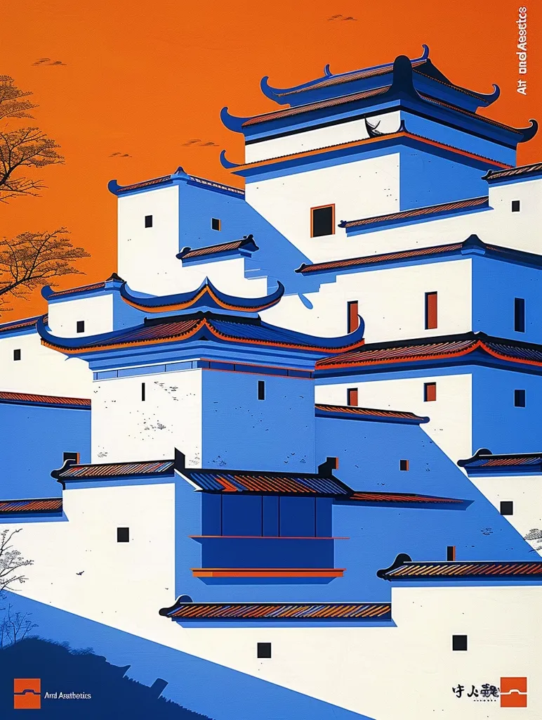 The image depicts a multi-level, white building with blue accents and orange rooftops. The building is surrounded by an orange background and trees. The architecture appears to be Chinese or East Asian in style. The image is minimalist and stylized, with geometric shapes and flat colors. The building has a series of windows and a balcony, creating a sense of depth and complexity. The overall impression is one of serenity and peace.