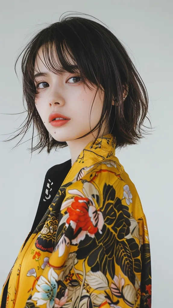 A young woman with short black hair and bangs is wearing a yellow jacket with black and red floral patterns. She is looking at the camera with a slightly serious expression. Her makeup is minimal, highlighting her natural features. The image has a soft and delicate feel, emphasizing the woman's youthful beauty. The background is a simple white, creating a clean and uncluttered composition.