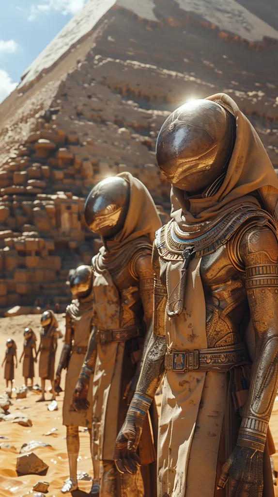 A line of golden, humanoid figures stand in front of a massive, ancient pyramid. The figures have a distinct Egyptian aesthetic, with intricate details and a worn, weathered appearance. They are clad in gold armor and robes, their heads adorned with helmet-like structures. The desert landscape surrounds them, creating a sense of mystery and grandeur.  The scene evokes a sense of ancient power and the passage of time.