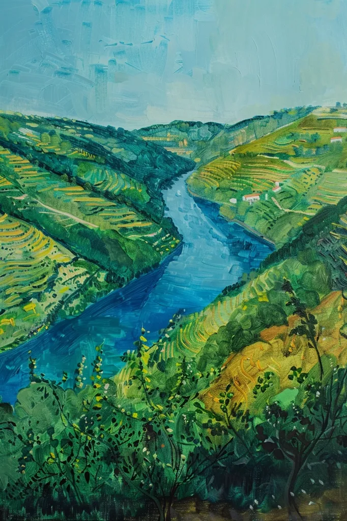 A vibrant painting depicts a winding blue river snaking through a lush green valley. The valley is dotted with small white houses and terraced vineyards. The sky above is a soft blue, with wispy clouds. The painting captures the beauty of the landscape, with its rolling hills, lush vegetation, and sparkling water.  The brushstrokes are bold and expressive, giving the painting a sense of energy and movement.  The scene is reminiscent of a peaceful and serene place, where nature reigns supreme.