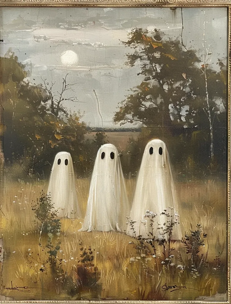 The painting depicts three ghostly figures standing in a field under a full moon. The figures are tall and white, with no visible facial features. They stand in a row, facing the viewer. The field is filled with tall grass and wildflowers. The sky is a soft gray, with a single, bright moon shining in the distance. The painting is framed in a gold frame. The artist's signature is in the lower right corner.  The painting evokes a sense of mystery and the supernatural.