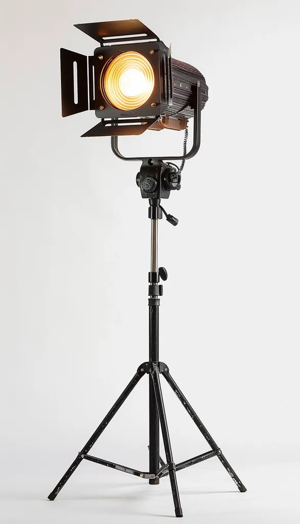 A black film lighting fixture is mounted on a tripod stand. The light is on and shining brightly. The fixture has a black metal frame with a rectangular light panel.  The tripod is made of black metal and has three legs. The fixture is positioned against a white background.
