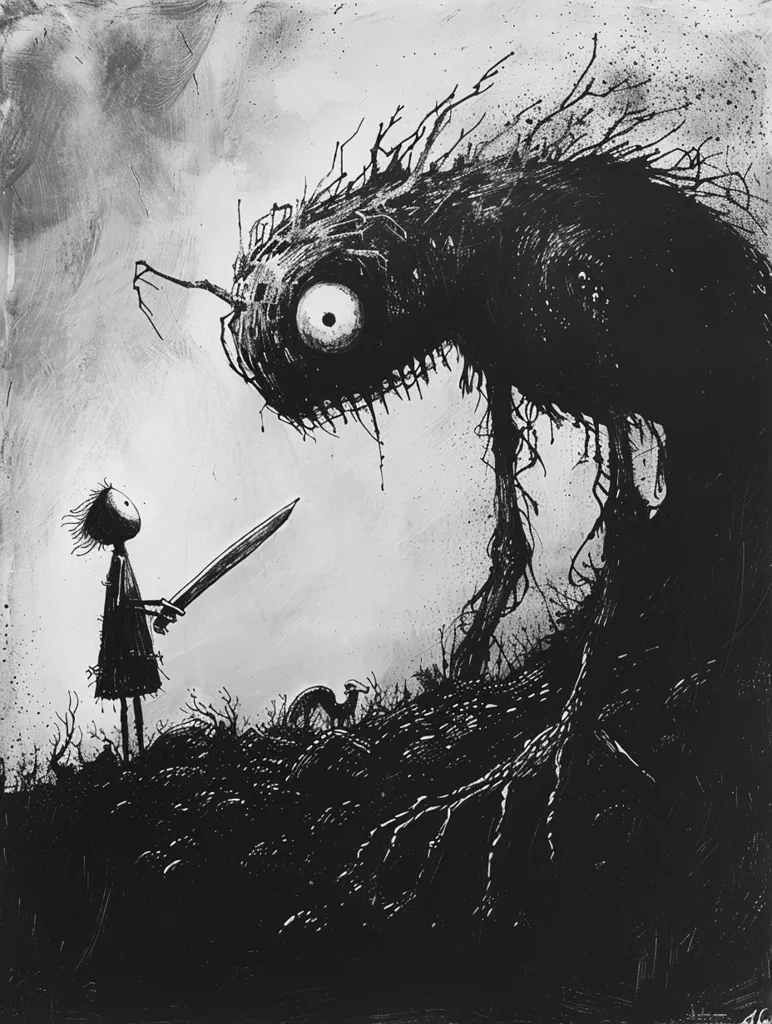 A small, stick-figure like girl stands bravely holding a sword, facing a large, monstrous creature with a single, large eye. The creature is made of jagged, spiky lines, and stands in a dark and ominous landscape. The image is a black and white illustration, creating a stark and unsettling atmosphere.