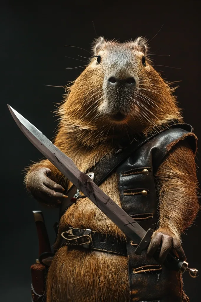 A capybara, dressed in a brown leather vest and belt, holds a large sword in front of it. The capybara is looking directly at the camera with a serious expression, and its fur is soft and brown. The background is dark and blurry, which helps to focus attention on the capybara and the sword. The image is humorous and unexpected, as capybaras are typically known for their gentle nature.  The image suggests that even the most gentle of creatures can be fierce when they need to be.