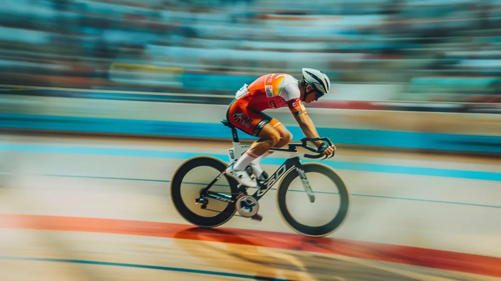 A cyclist in a red and white jersey races around a track. The image is blurred to show the cyclist's speed and movement. The track is wooden and has painted lines. The background is a blur of people and colors.