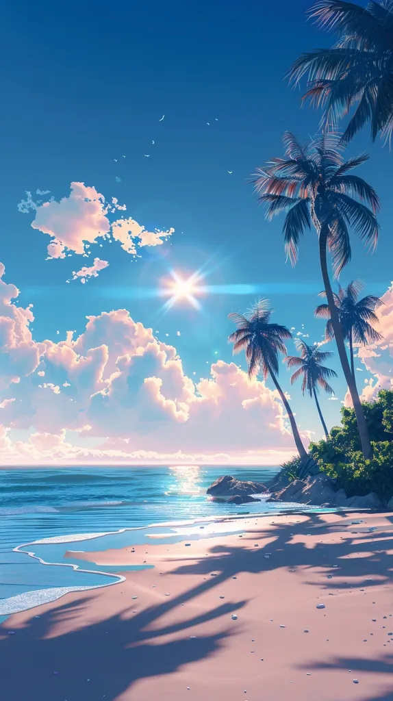 The image depicts a tranquil beach scene with palm trees swaying gently in the warm sunlight. A bright blue sky dotted with fluffy white clouds creates a serene atmosphere. The sun shines brightly, casting long shadows across the sandy beach. The azure ocean stretches out to the horizon, with sparkling waves lapping at the shore. The overall impression is one of peace and beauty.