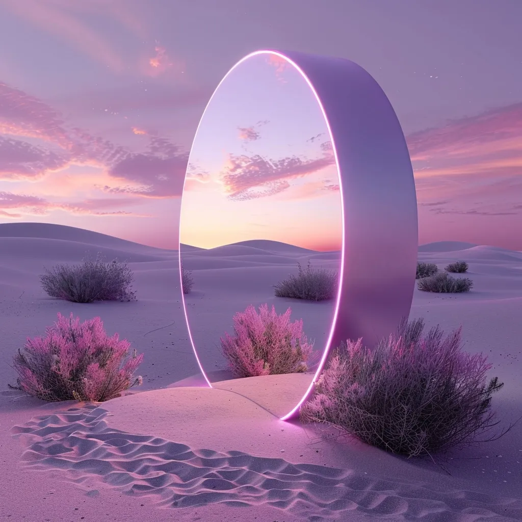 A large, circular, glowing pink portal stands in a white sandy desert. The portal reflects the pink and purple hues of the sunset sky. Small bushes grow around the portal, adding a touch of life to the desolate landscape. The sandy ground is covered in a pattern of footprints. The scene evokes a sense of mystery and otherworldly wonder.