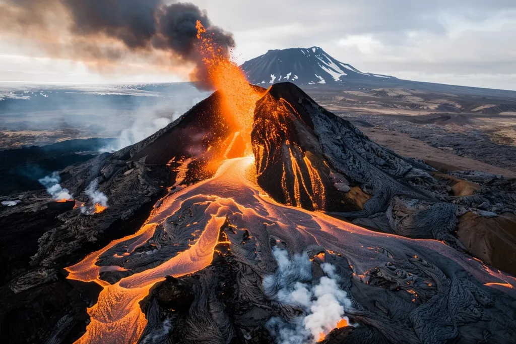 A volcano erupts, spewing molten lava down its slopes. The fiery rivers of lava carve their way through the dark, rocky terrain, leaving a trail of destruction and a sense of awe. The smoke from the eruption billows into the sky, creating a dramatic and powerful scene.  The image captures the raw power and beauty of nature at its most intense.