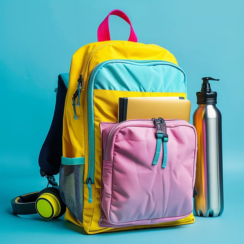 A vibrant yellow backpack with pink and blue accents sits on a blue surface. It has a large pink pocket on the front and a mesh pocket on the side. The backpack contains a book and a laptop, and a silver water bottle stands next to it. Headphones are lying on the ground nearby. The image conveys a sense of school supplies and preparation for the day ahead.
