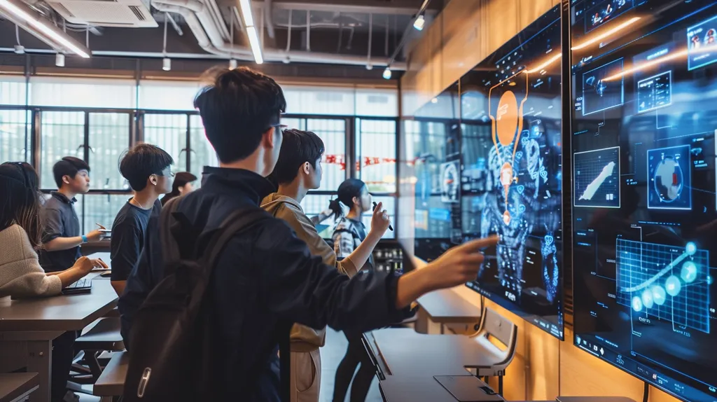 A group of people are gathered around a large digital display, examining data and charts. The display shows graphs and complex visualizations, suggesting a focus on technology and analytics. The room is modern and brightly lit, with a sleek aesthetic. The people appear engaged and focused, highlighting a collaborative work environment.  The image conveys a sense of innovation and technological advancement.