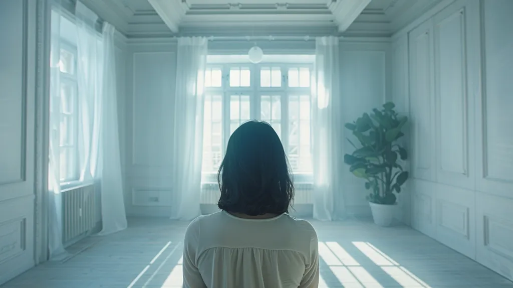 The image shows a woman with dark hair, standing in a white room. She is facing away from the camera, looking out a window. The room is brightly lit by sunlight streaming through the window. The window is framed by white curtains and there is a green plant in the corner of the room. The overall mood is serene and tranquil.