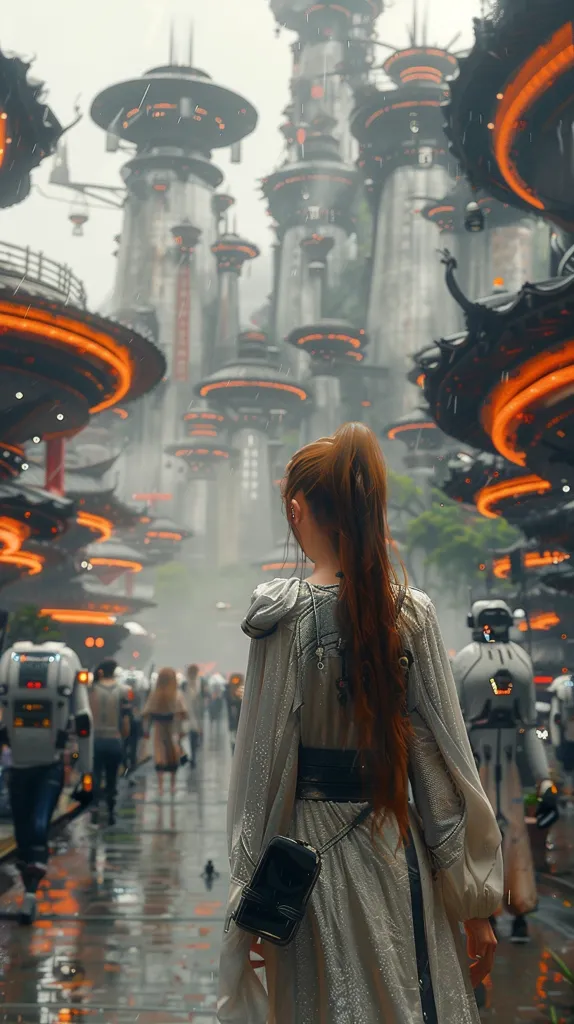 The image depicts a futuristic city with tall, cylindrical structures topped with large, glowing, orange discs.  A young woman with long red hair walks through the streets, wearing a flowing white dress and carrying a black purse.  The city is wet, with rain falling and reflecting light on the puddles.  The image has a sense of mystery and wonder, hinting at an advanced civilization.