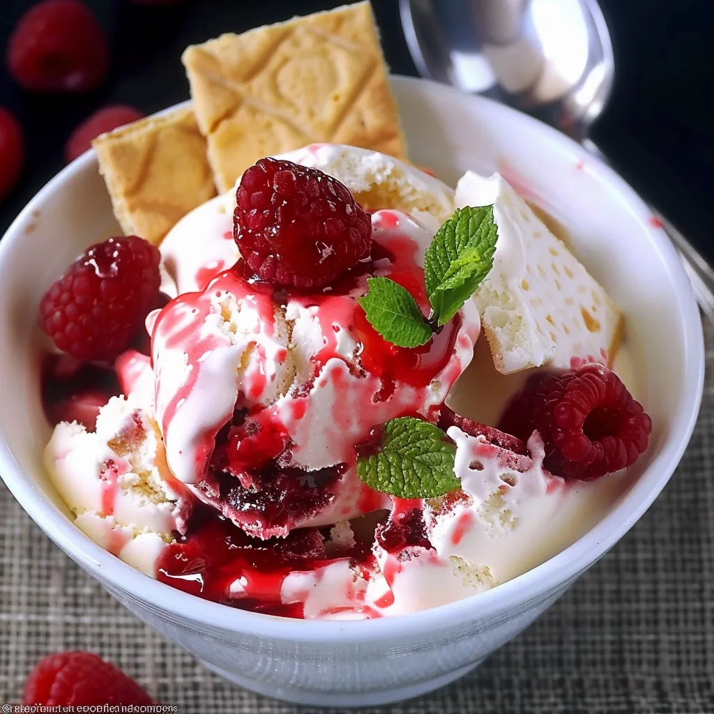 A white bowl filled with vanilla ice cream, topped with fresh raspberries, a red raspberry sauce, and pieces of crispy cookie. The ice cream is surrounded by fresh mint leaves and the bowl is sitting on a brown patterned surface.  The image evokes a sense of deliciousness and summery refreshment.