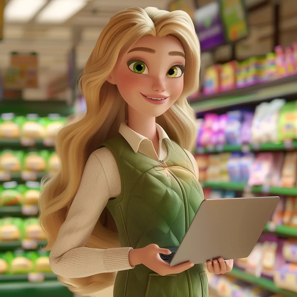 A cartoon woman with long blonde hair and green eyes smiles while holding a laptop in a grocery store.  She wears a green vest over a white shirt. The shelves behind her are stocked with various products.  The image has a bright and cheerful feel.
