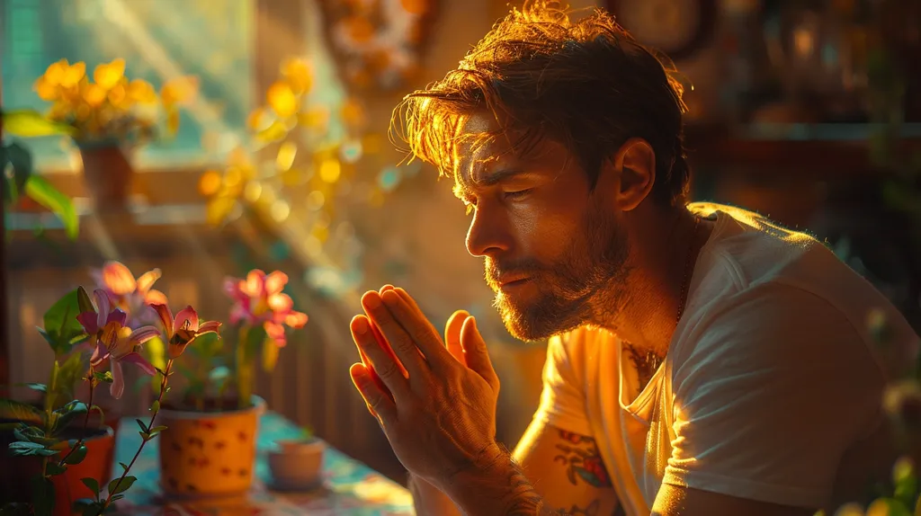 A man with a beard, wearing a white t-shirt, is praying with his hands clasped together.  His eyes are closed and he is looking down.  He is sitting in a room with plants and flowers nearby.  The sunlight is streaming in through a window behind him, casting a warm glow on the scene.  There is a sense of peace and tranquility in the image.