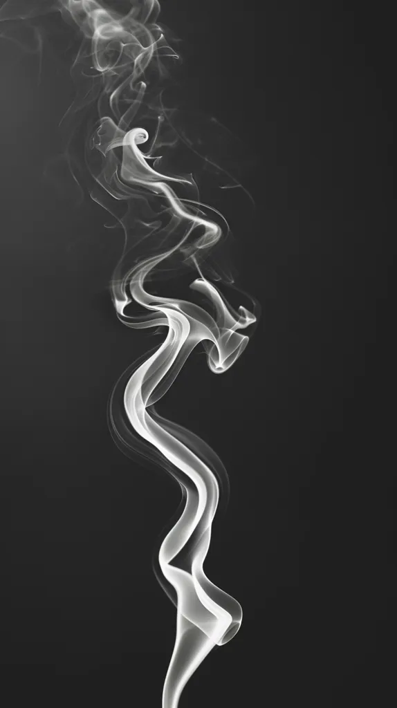 A single plume of white smoke billows upwards against a dark background. The smoke swirls and twists, forming intricate shapes that evoke both delicate beauty and ephemeral impermanence. The contrast between the light smoke and the dark background creates a stark and striking visual impact.
