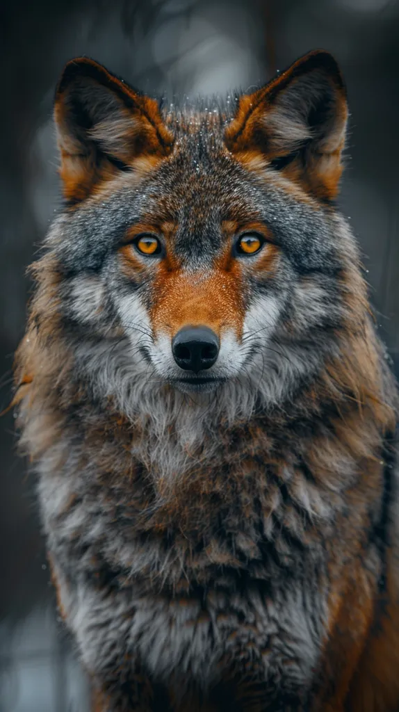 The image shows a close-up of a wolf's face, its thick, grey and brown fur covering its body. Its amber eyes are piercing, and its black nose is prominent against its orange muzzle. The background is blurred, giving the wolf a sharp focus. The image captures the wolf's wild and fierce nature.