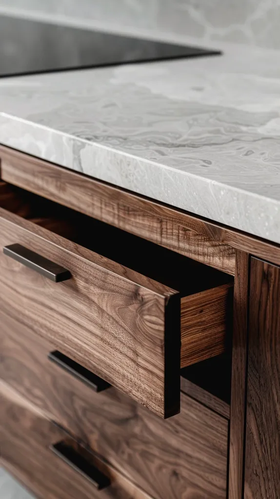 A close-up of a wooden cabinet with a white marble countertop. The top drawer is open, revealing a dark wooden interior. The cabinet features simple, black metal handles. The wood grain is visible in the cabinet's construction, adding a touch of natural beauty.