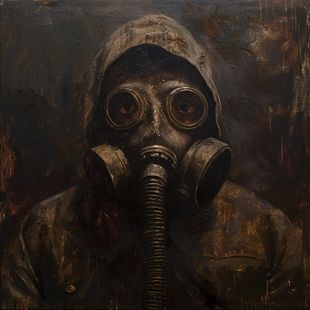 The painting depicts a person wearing a gas mask and a hooded jacket. The painting is done in a dark, muted color palette with heavy brushstrokes, giving the image a sense of unease and mystery. The focus is on the gas mask, which obscures the person's face and creates a feeling of anonymity. The overall effect is one of isolation and the potential for danger.